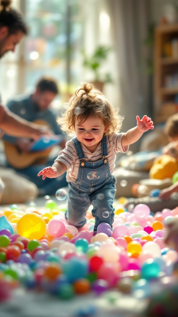 A joyful toddler running through a colorful array of soft balls, surrounded by playful activity.