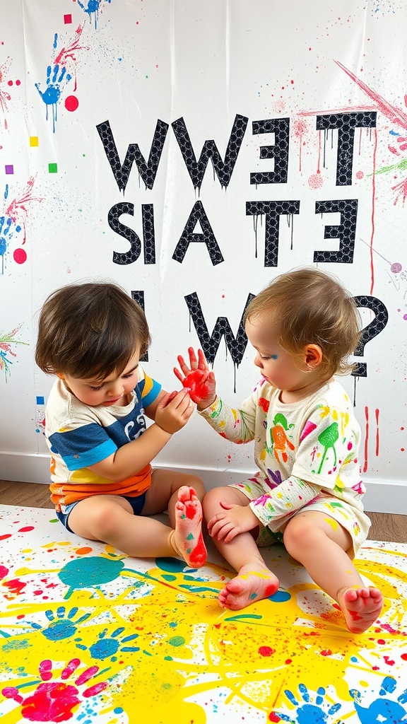 Two toddlers engaged in colorful printmaking with bubble wrap, surrounded by bright splashes of paint.