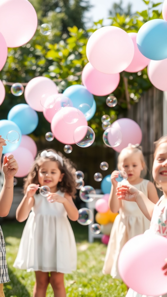 Children playing with bubbles and balloons at a gender reveal party