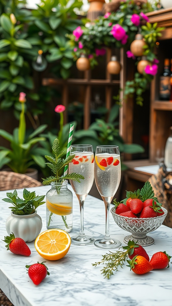 A bubbly bar with sparkling drinks, fresh strawberries, mint leaves, and lemon slices set in a garden.