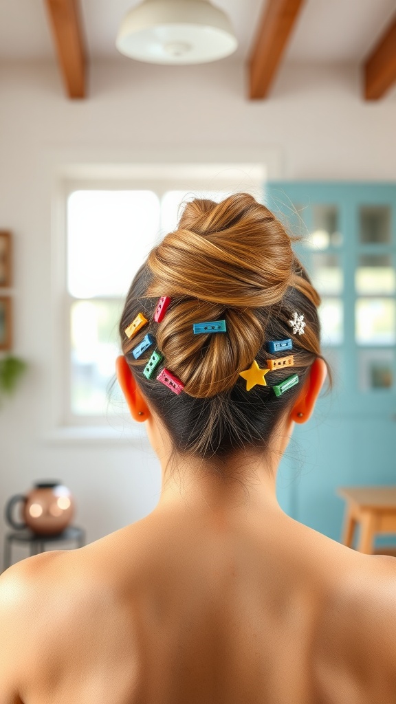 A hairstyle featuring bubbly space buns decorated with colorful clips.