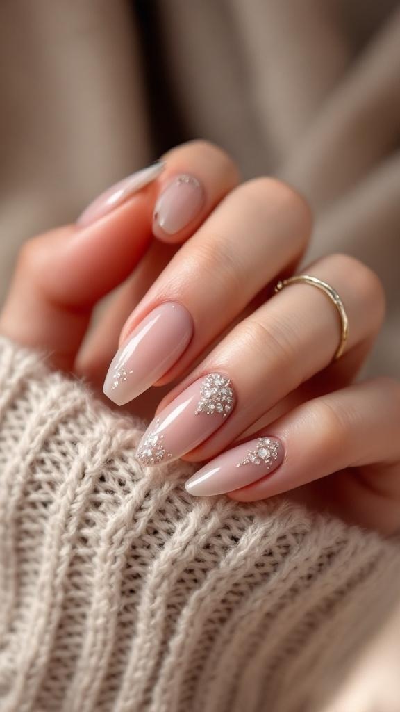 Close-up of Buchona nails featuring a nude base with sparkling accents.