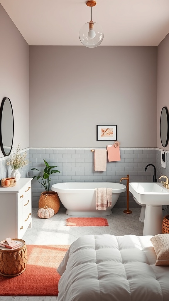 A modern bathroom featuring gray walls, coral accents, and a cozy atmosphere.