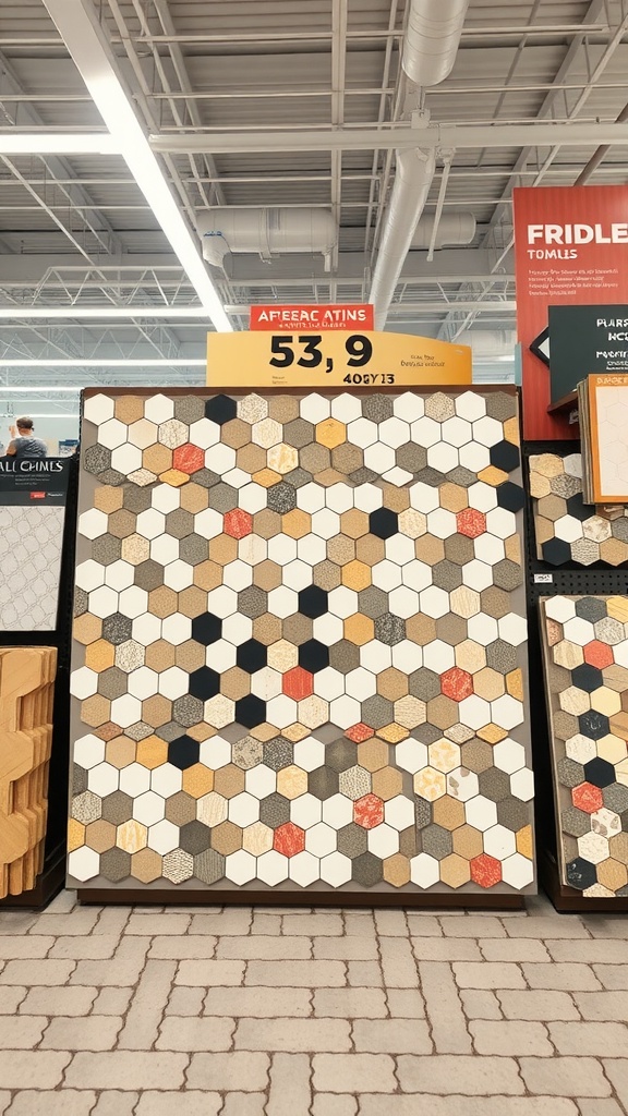 Display of hexagon tiles in various colors and patterns, showcasing budget-friendly options for bathroom flooring.
