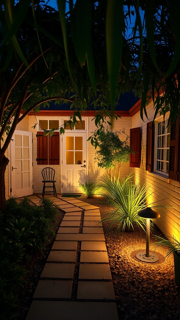 A beautifully lit small courtyard garden with a stone path and lush greenery.