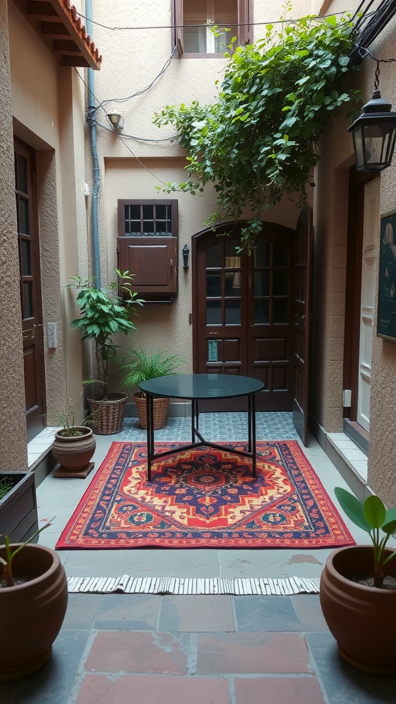 A small courtyard garden featuring a colorful outdoor rug, a table, and potted plants.
