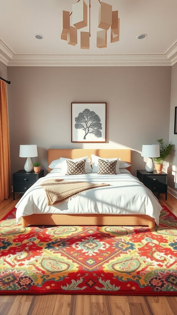 A beautifully decorated bedroom with a colorful patterned rug.