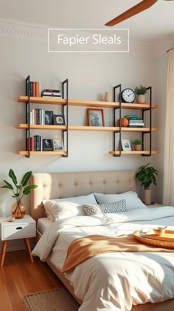 Stylish bedroom with modern shelving unit displaying books and plants