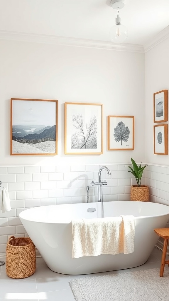 A modern bathroom with a freestanding tub and nature-inspired wall art in wooden frames.