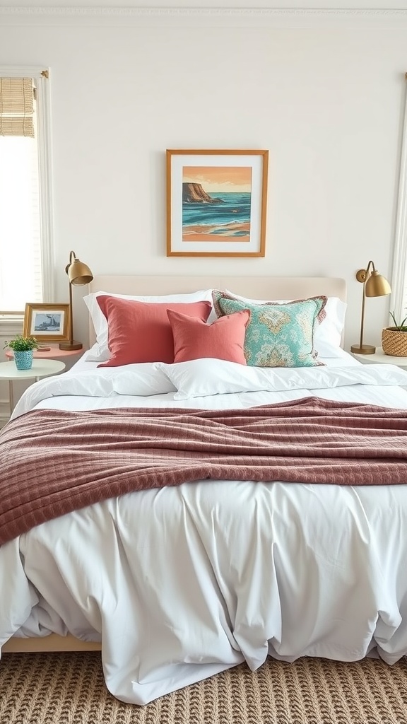 Cozy bedroom with white bedding and colorful accent pillows on a neatly made bed.