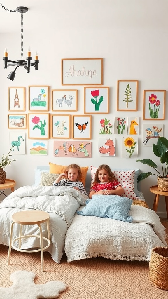 Two girls sitting on beds in a shared bedroom, with a colorful art wall behind them showcasing various drawings.