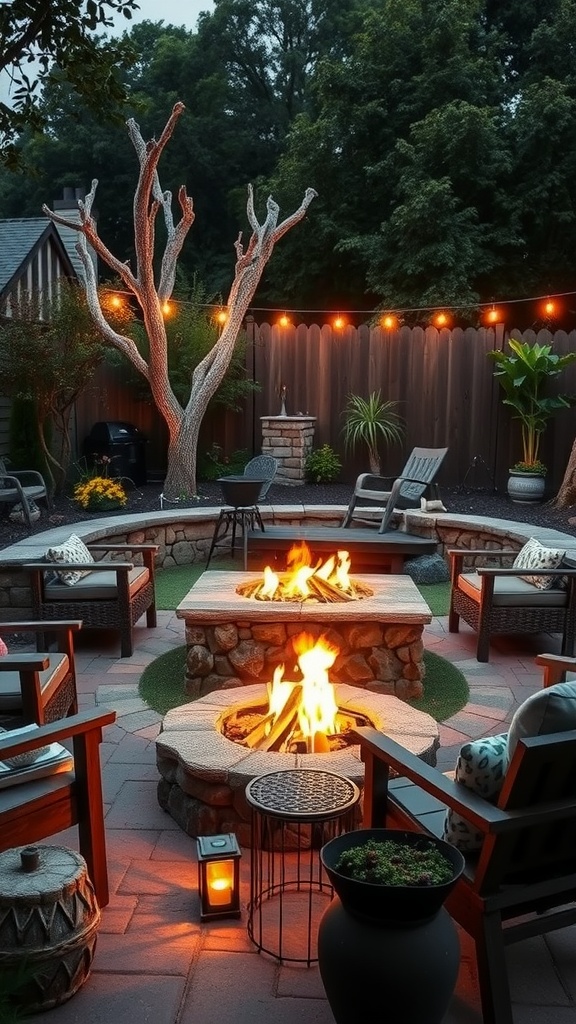 A cozy backyard fire pit area with stone walls, glowing flames, and comfortable seating.