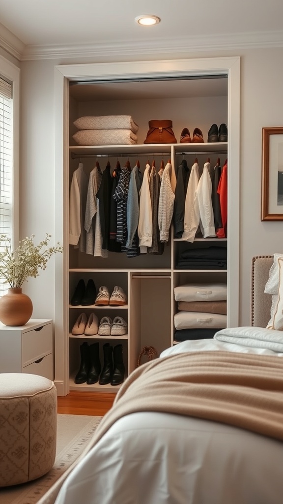 A well-organized closet with clothes, shoes, and accessories neatly arranged.