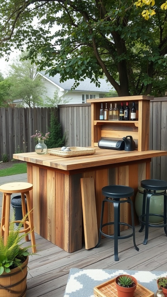 A rustic DIY bar made from recycled wood with stools and potted plants in a backyard setting.