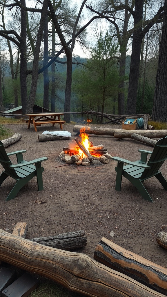 A cozy outdoor fire pit setup with seating and a picnic table, surrounded by trees.