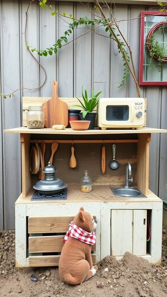 A budget-friendly mud kitchen setup outdoors, featuring wooden counters, utensils, and a playful stuffed animal.