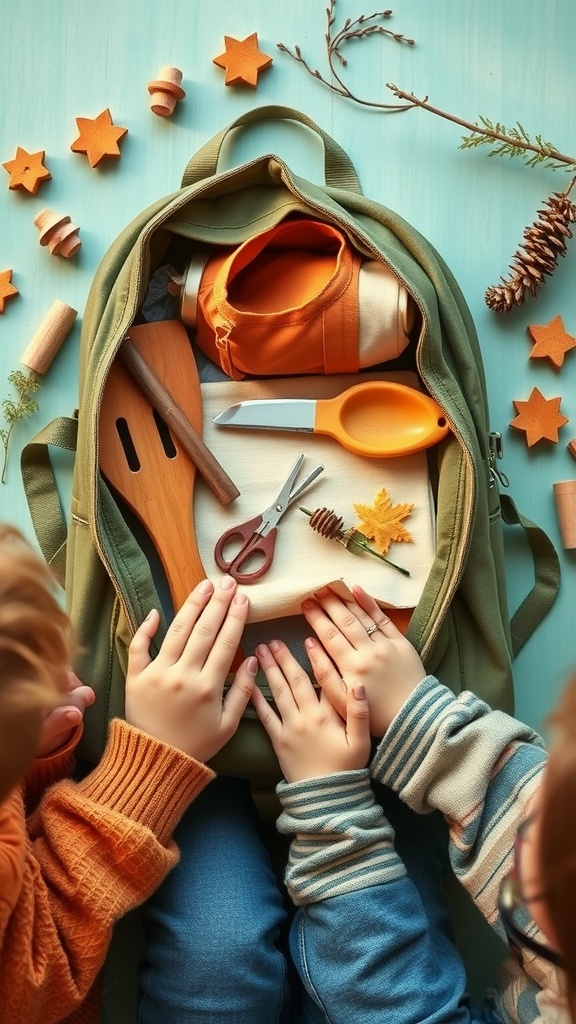 A nature exploration kit inside a backpack, featuring tools, scissors, wooden pieces, and natural items, with children's hands reaching for them.