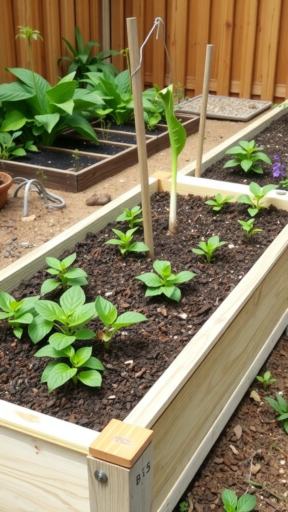 A simple raised garden bed filled with young green plants.