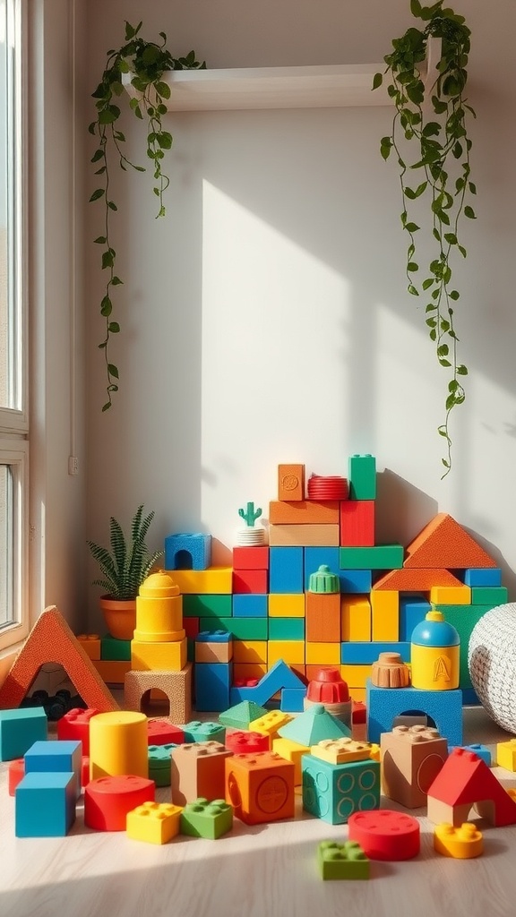 A vibrant toddler playroom corner with colorful building blocks scattered around and a wall of stacked blocks.