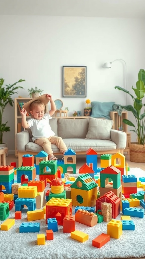 A home play corner filled with colorful building blocks and a happy child playing.