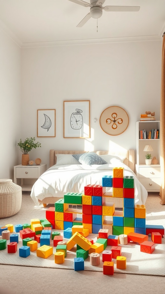 A colorful building block station in a cozy bedroom with scattered blocks and a partially built structure