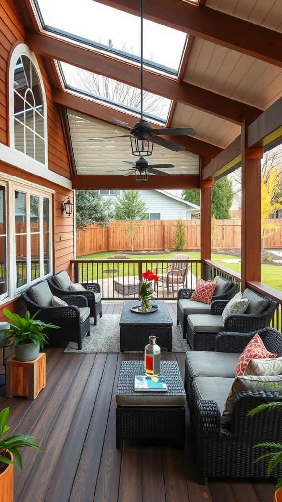 A cozy elevated deck with comfortable seating, plants, and skylights, overlooking a backyard.