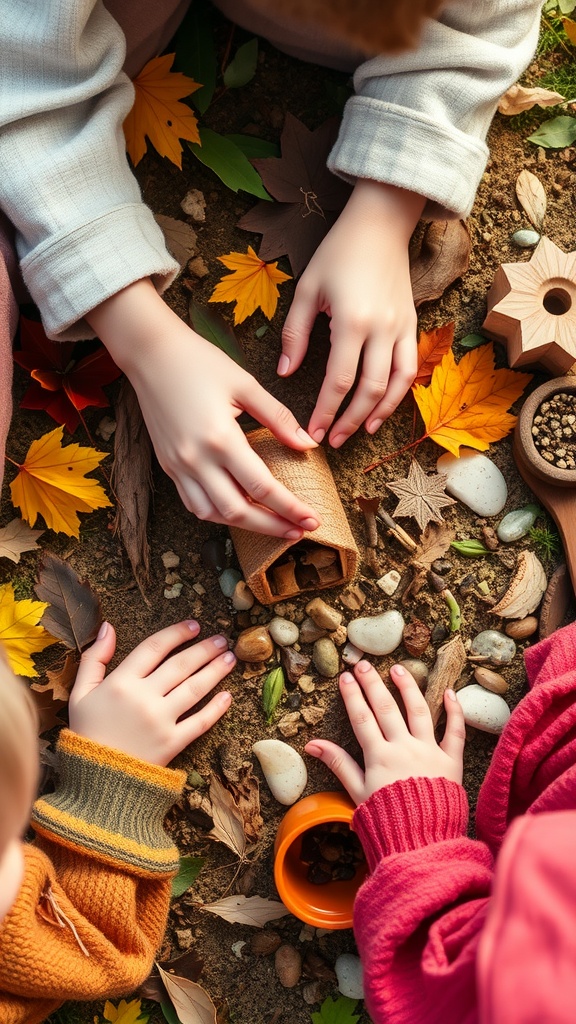Children's hands working together to build miniature fairy houses with natural materials.