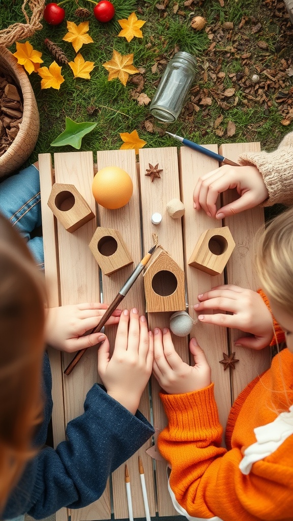 Children working on small wooden birdhouses with paints and decorations.