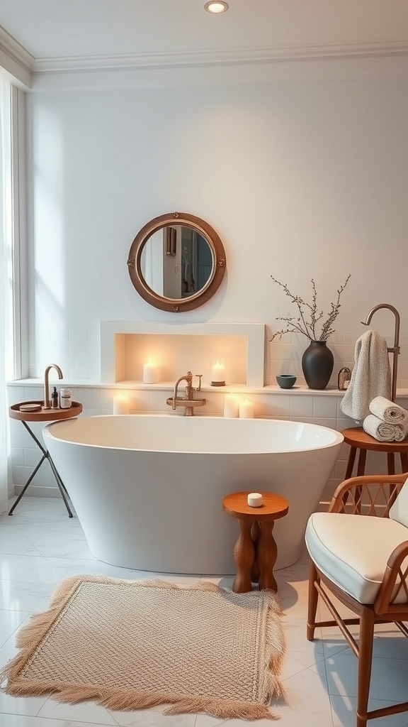 A modern bathroom featuring a freestanding bathtub, built-in niche with candles and decor, and cozy accents.