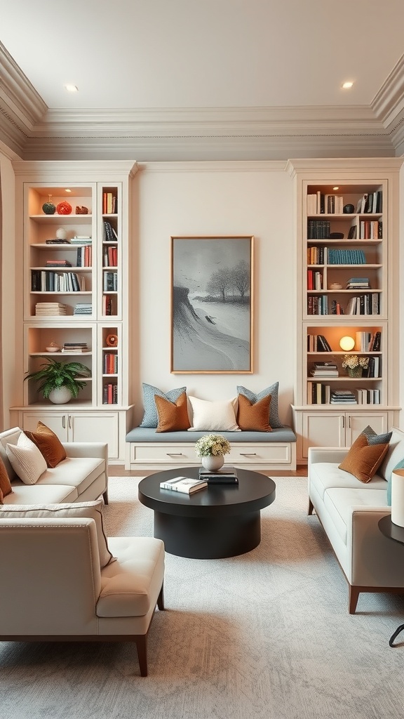 A stylish living room with built-in bookcases, featuring cozy seating and decorative items.