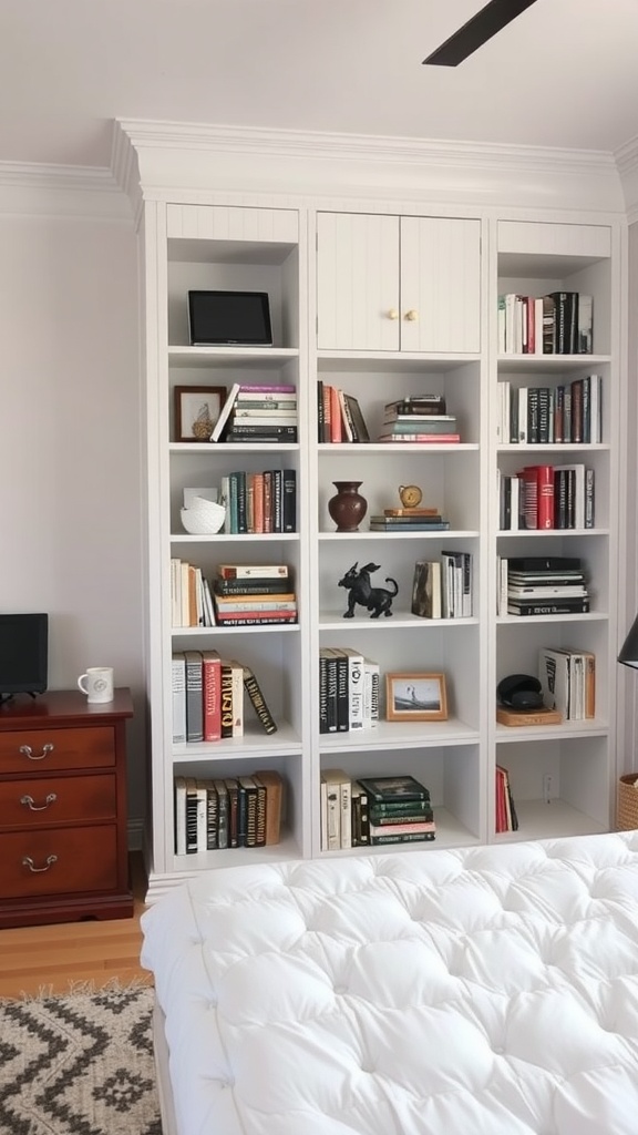 Built-in bookshelves along a bedroom wall with books and decorative items