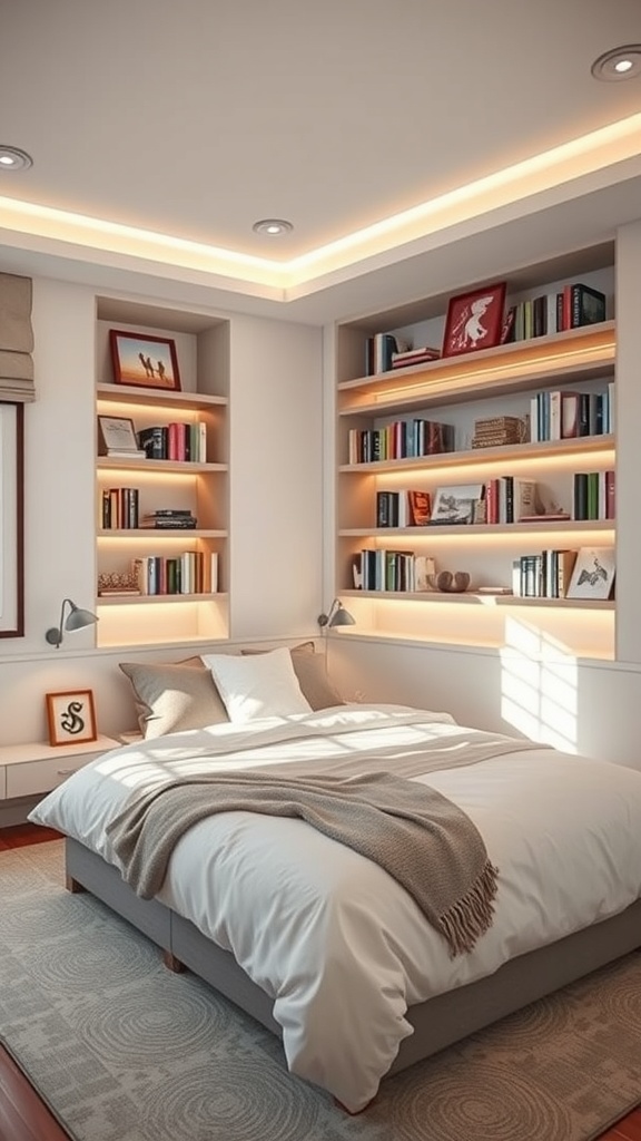 A cozy bedroom with built-in bookshelves, featuring warm lighting and a neatly made bed.