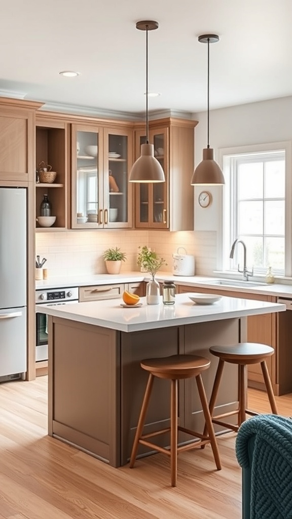 A modern kitchen with a built-in breakfast bar featuring wooden stools and pendant lighting.