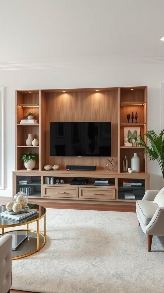 A built-in entertainment center featuring a TV mounted on a wooden wall unit with shelves and cabinets.