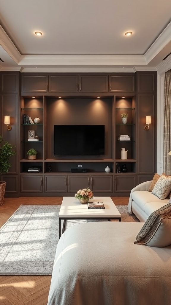 A stylish built-in entertainment center with a TV, dark cabinetry, and decorative shelves in a living room.