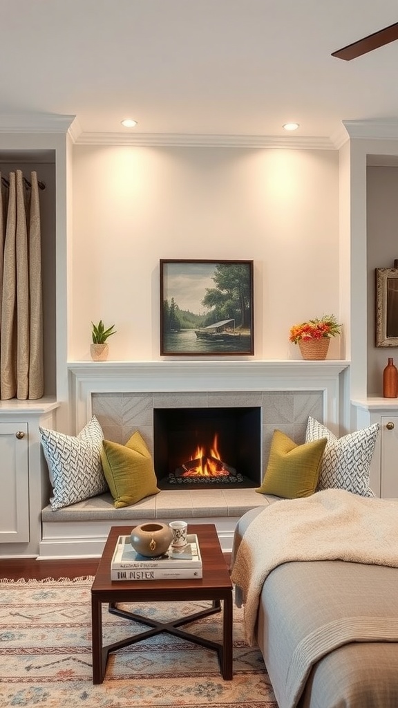 Cozy built-in faux fireplace nook with cushions and a small coffee table