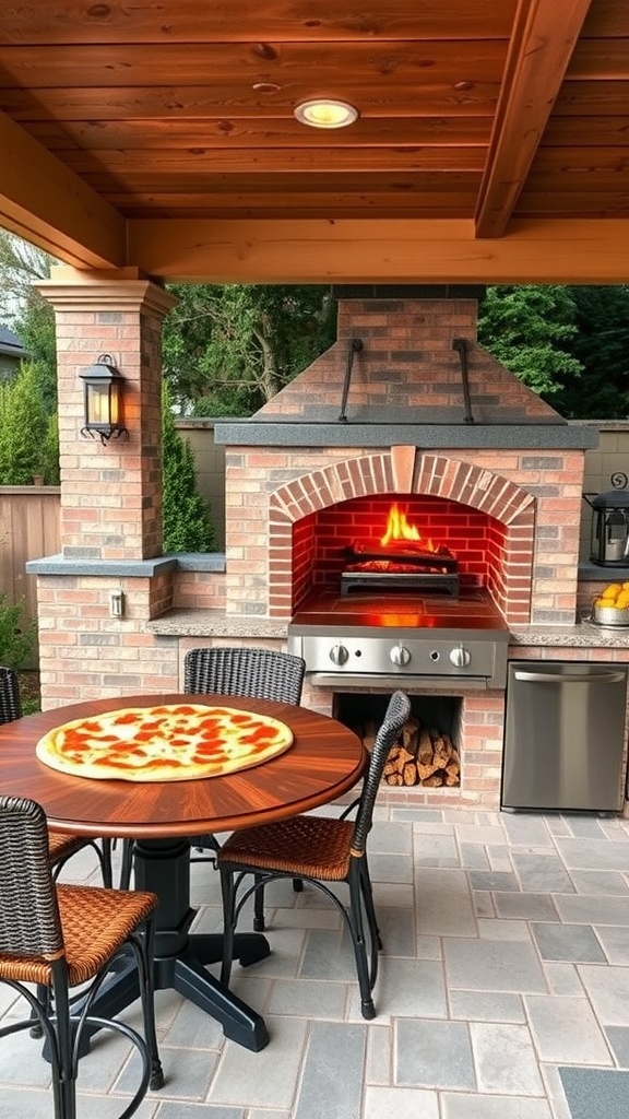 Outdoor kitchen featuring a built-in pizza oven with a pizza on a table.
