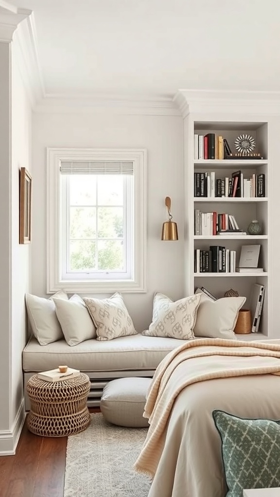 Cozy built-in reading nook with pillows and a bookshelf in a bedroom