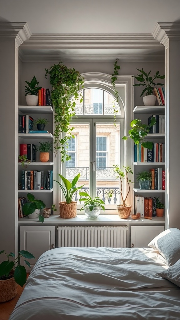 Cozy bedroom featuring built-in shelves around a window filled with plants and books.