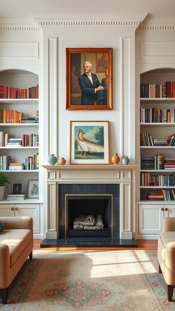 A living room with built-in shelves surrounding a fireplace, featuring books, artwork, and decorative items.