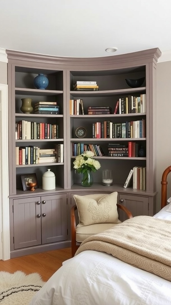 A cozy bedroom featuring built-in shelves filled with books and decorative items, promoting a clutter-free space.