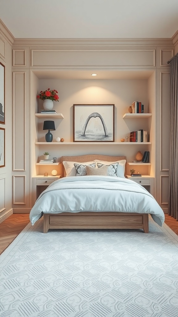 A cozy bedroom featuring built-in shelving with books and decor, showcasing space efficiency.
