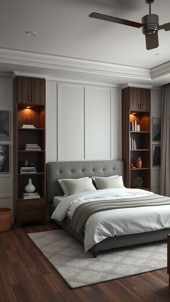 A cozy bedroom with built-in shelving units beside the bed, featuring warm lighting and a stylish design.