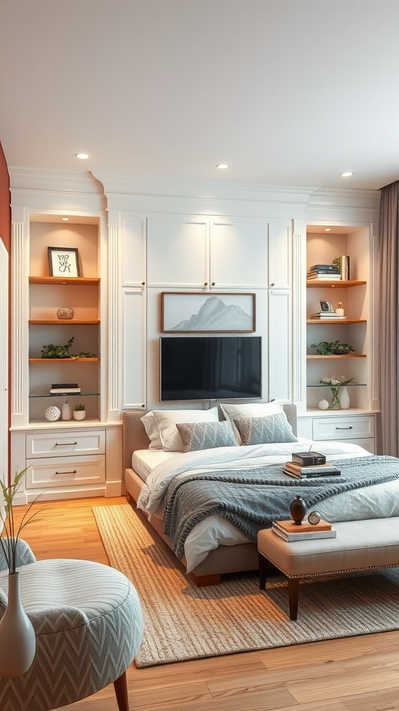 A modern living room featuring a built-in wall unit with shelves and cabinets, a cozy bed, and warm lighting.