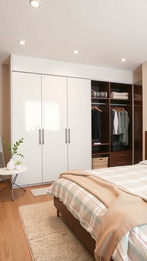 A modern bedroom with built-in wardrobes featuring sliding doors
