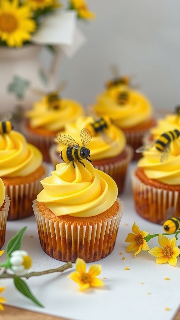 A close-up of bumblebee cupcakes with yellow frosting and bee decorations