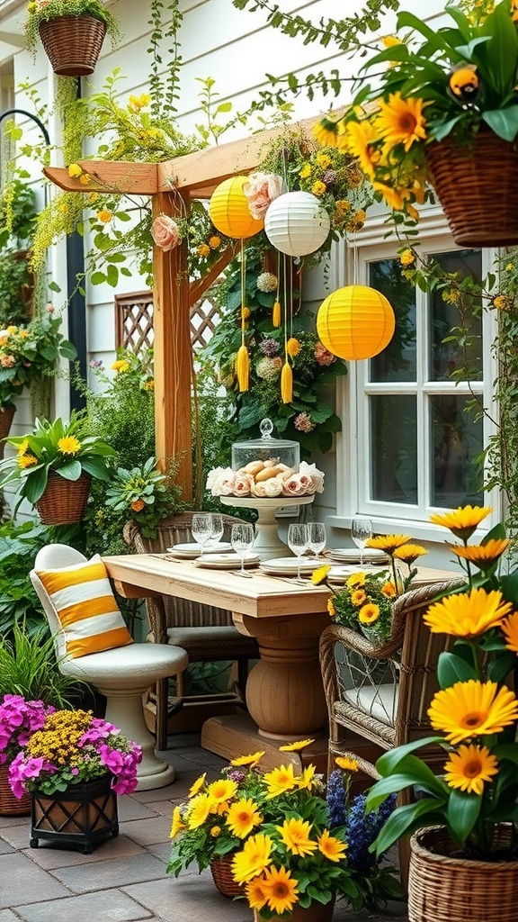 A beautifully decorated garden space with yellow and white lanterns, sunflowers, and colorful floral arrangements, perfect for a bumblebee-themed baby shower.