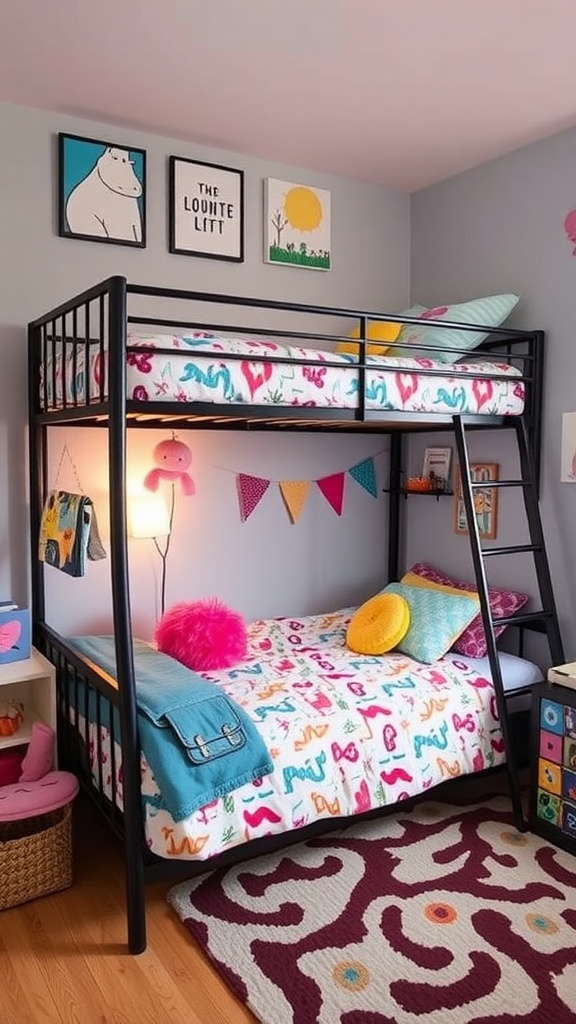 A cozy bunk bed setup in a small bedroom designed for two sisters, featuring colorful bedding and cheerful decorations.