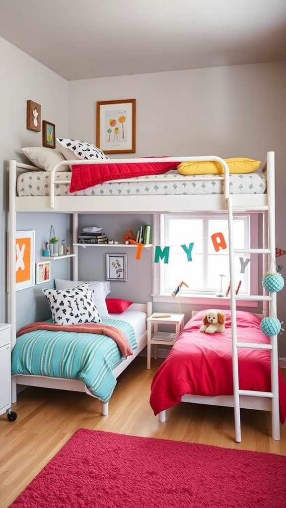 A colorful shared bedroom with a bunk bed, featuring bright bedding and playful decor.
