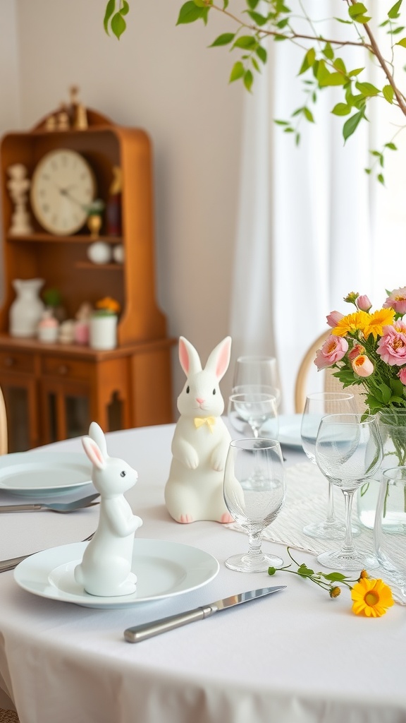 A beautifully set table for a spring baby shower featuring bunny decorations and floral arrangements.